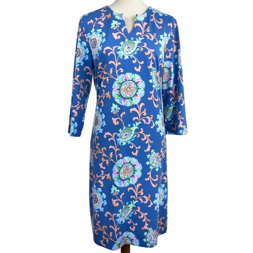 J. McLaughlin Catalina Cloth Floral Paisley Split Neck Sheath Dress Blue Medium